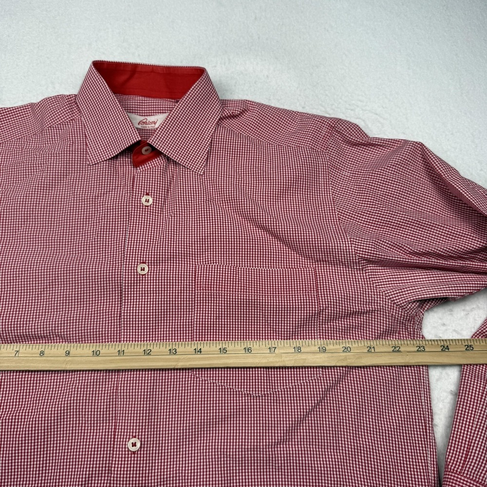 Brioni Shirt Mens 40 Red Gingham Cotton Long Sleeve Dress Button Front Italy - Picture 6 of 8